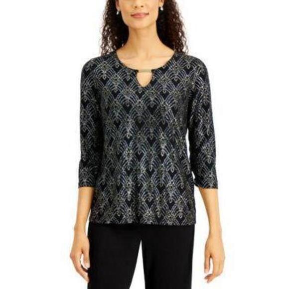 JM Collection Petite Keyhole Jacquard Top Deep Black Combo PP - Picture 1 of 1
